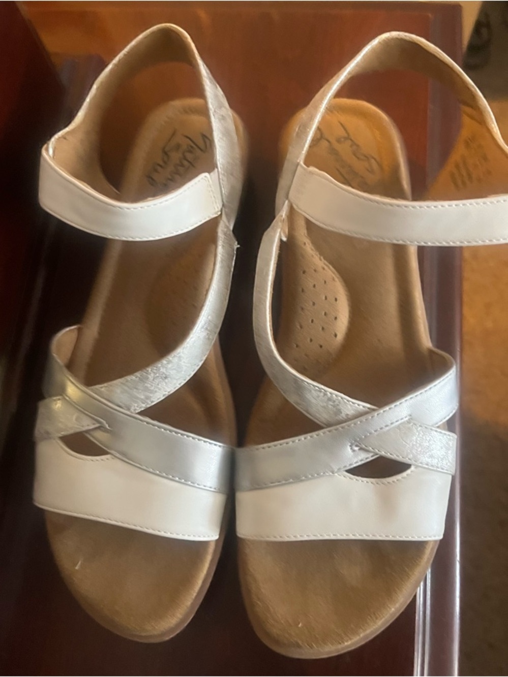 Naturalizer White and Silver Cross-Strap Sandals